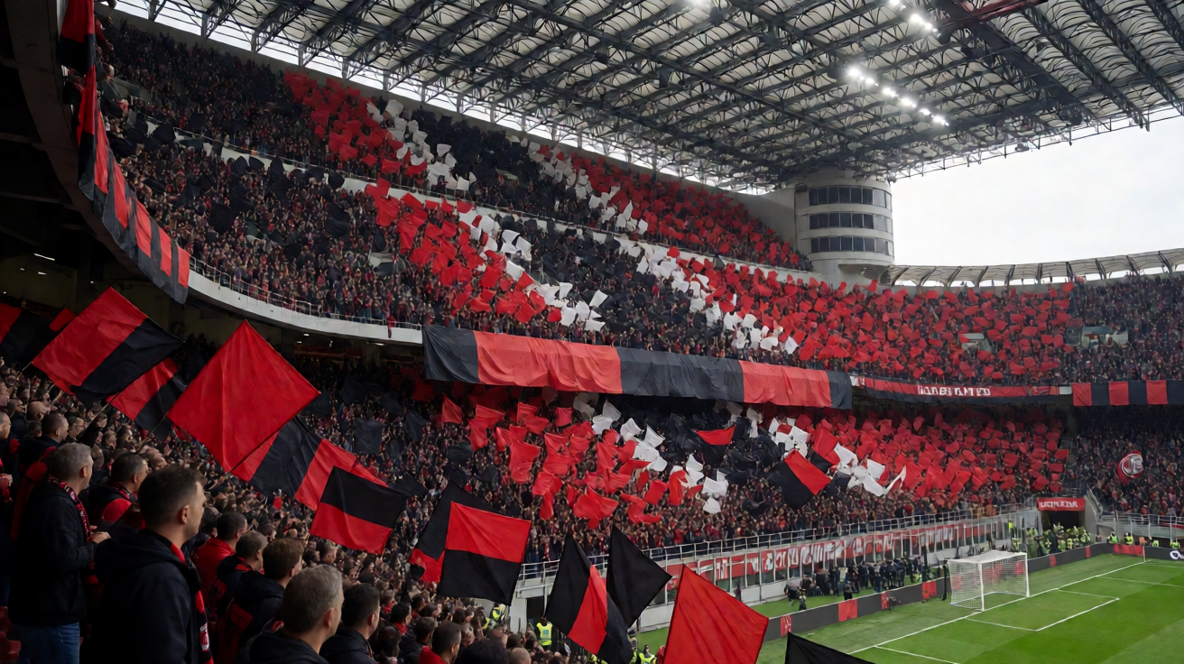 圣西罗球场内AC米兰红黑主题看台全景，球迷挥舞旗帜营造比赛日氛围